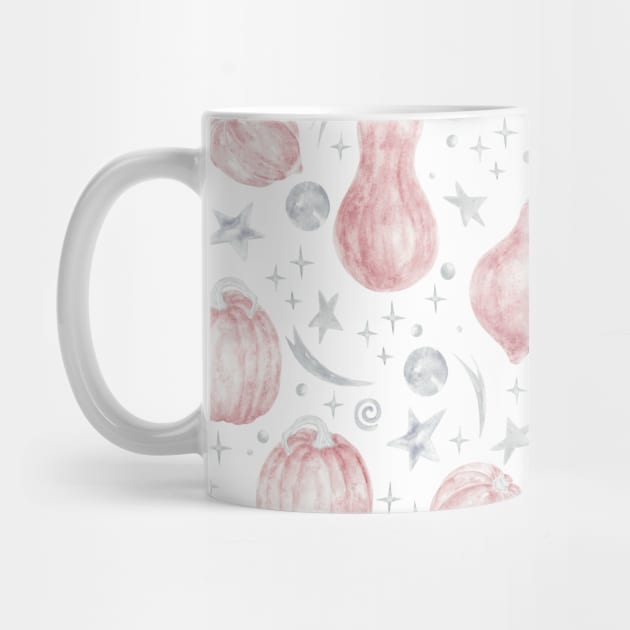 Pink Pumpkin Seamless Pattern with Grey Witchy Doodle by paintingbetweenbooks